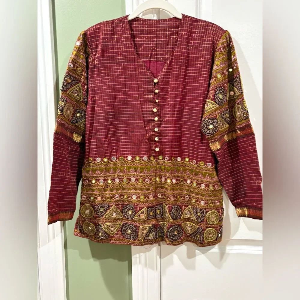 Women’s Embroidered Maroon Button-Front Tunic Top